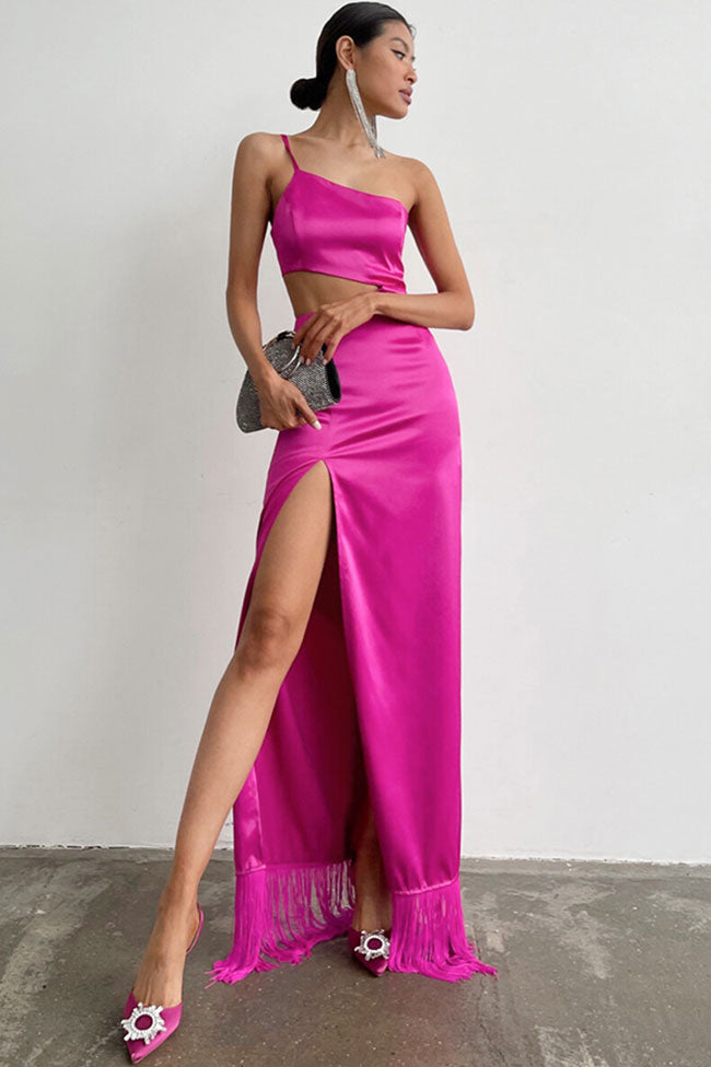 Sexy One Shoulder Cutout High Slit Fringe Trim Prom Maxi Dress - Rose