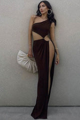 Sexy One Shoulder Cutout High Slit Sheer Maxi Dress - Brown