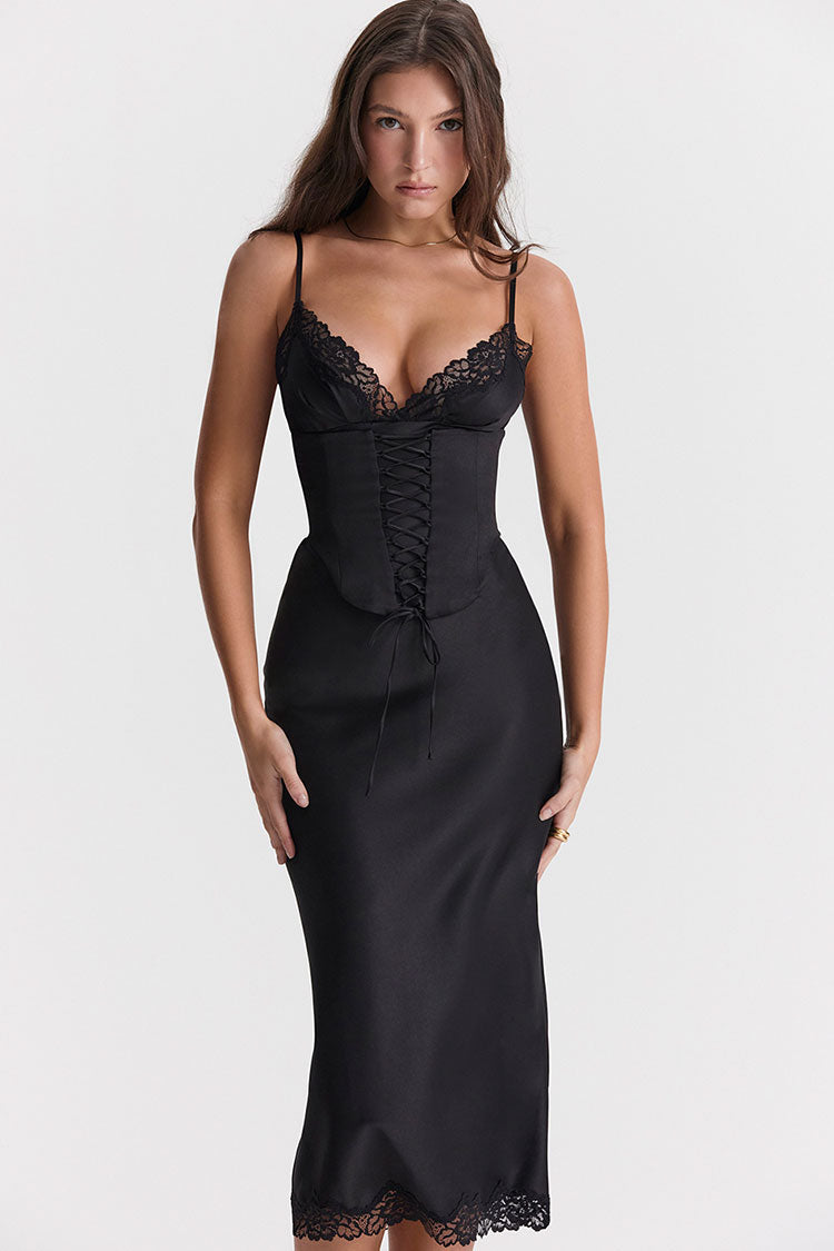 Sexy Party Lace Up Belt V Neck Lace Satin Slip Midi Dress - Black