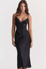 Sexy Party Lace Up Belt V Neck Lace Satin Slip Midi Dress - Black