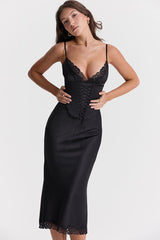 Sexy Party Lace Up Belt V Neck Lace Satin Slip Midi Dress - Black