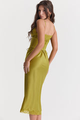 Sexy Party Lace Up Belt V Neck Lace Satin Slip Midi Dress - Chartreuse