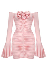 Sexy Rosette Corsage Off Shoulder Bell Sleeve Ruched Party Mini Dress - Pink