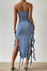 Sexy Ruffle Strappy High Split Bodycon Tube Party Midi Dress - Dusty Blue