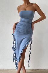 Sexy Ruffle Strappy High Split Bodycon Tube Party Midi Dress - Dusty Blue