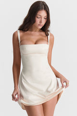 Sexy Satin Square Neck Suspender Strap Summer Party Mini Dress - Beige White