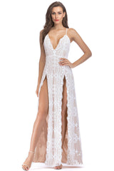 Sexy Scalloped Deep V High Split Sequin Lace Evening Maxi Dress - White