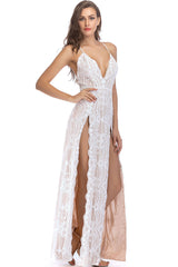 Sexy Scalloped Deep V High Split Sequin Lace Evening Maxi Dress - White