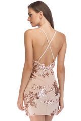 Sexy Scalloped Deep V High Split Sequin Lace Fitted Club Mini Dress - Apricot