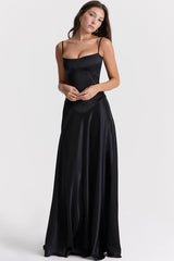 Sexy Square Neck Pintuck Trim Lace Up Back Satin Slip Maxi Dress - Black