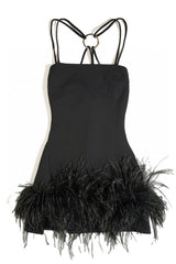 Sexy Square Neck Strappy O Ring Back Feathered Trim Party Mini Dress - Black