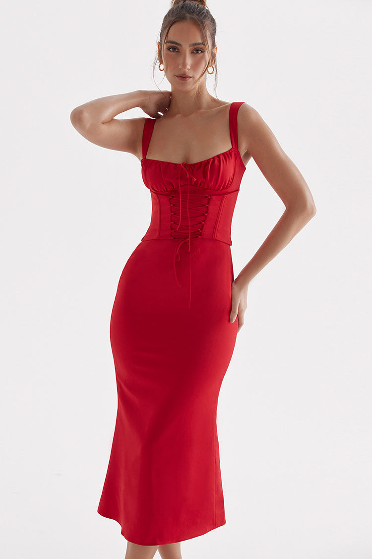 Sexy Tie Neck Lace Up Satin Corset Cocktail Party Midi Dress - Red