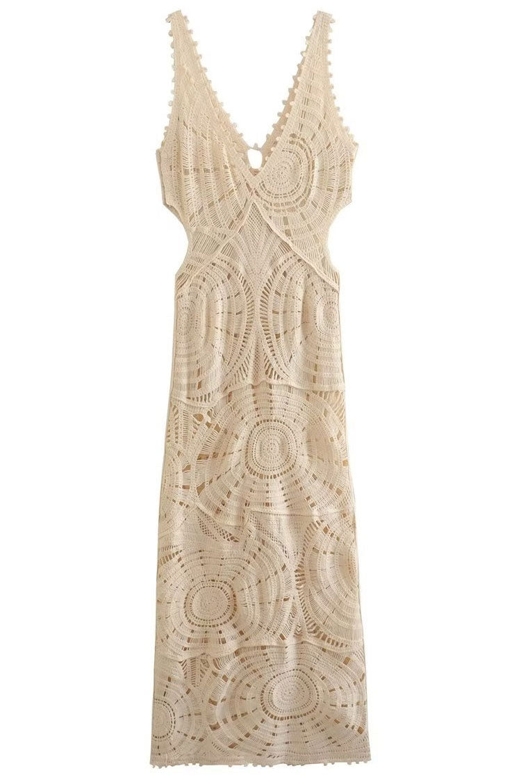 Sexy V Neck Cutout Circle Crochet Open Knit Maxi Beach Vacation Dress - Beige