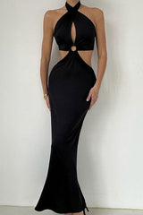 Sexy Wrap Front O Ring Cutout Fishtail Halter Tie Backless Maxi Dress - Black