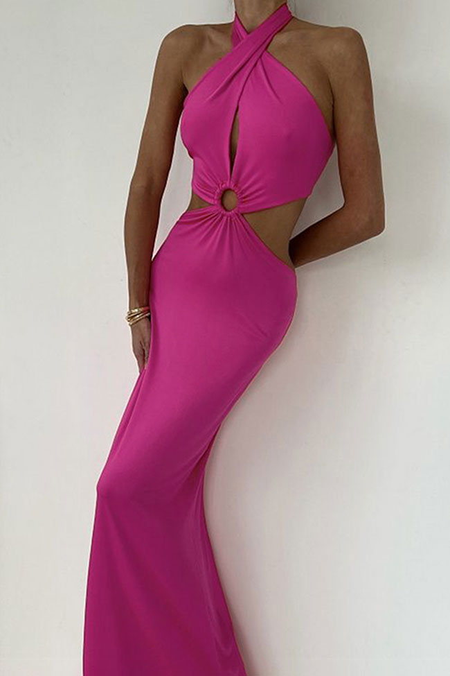 Sexy Wrap Front O Ring Cutout Fishtail Halter Tie Backless Maxi Dress - Rose