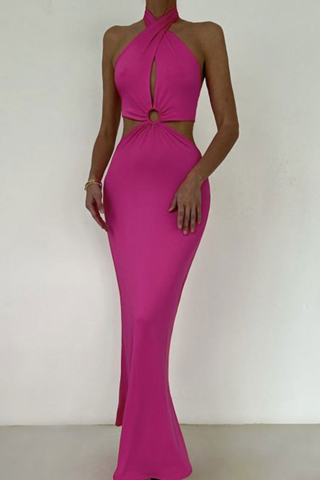 Sexy Wrap Front O Ring Cutout Fishtail Halter Tie Backless Maxi Dress - Rose