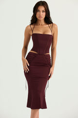 Burgundy Strap Corset Top And Lace Tie-Up Midi Skirt Set