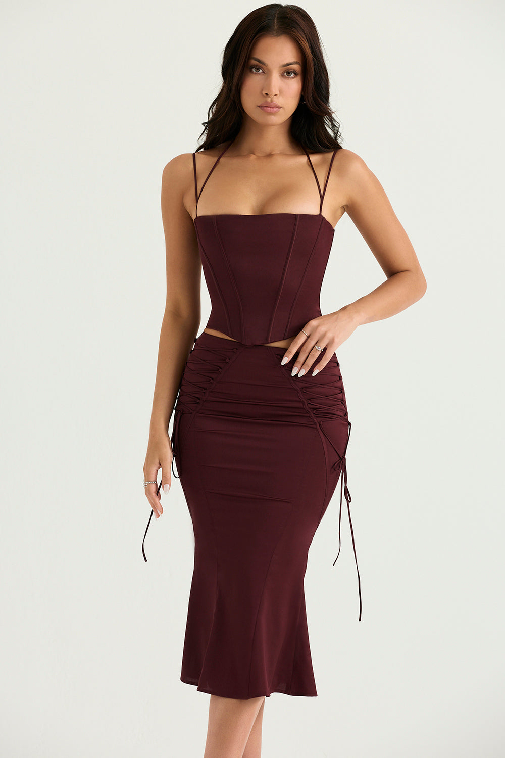 Burgundy Strap Corset Top And Lace Tie-Up Midi Skirt Set