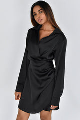 Silky Collared V Neck Ruched Wrap Trim Long Sleeve Mini Dress - Black