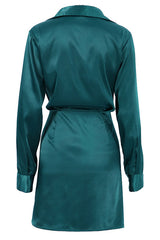 Silky Collared V Neck Ruched Wrap Trim Long Sleeve Mini Dress - Emerald Green