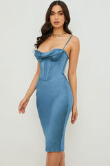 Silky Cowl Neck Corset Satin Midi Cocktail Dress - Blue