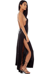 Silky High Slit V Neck Backless Satin Slip Maxi Dress - Black