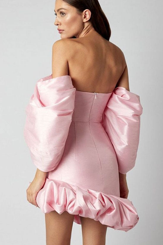 Silky Off The Shoulder Puff Sleeve Oversized Ruffle Satin Party Mini Dress - Pink