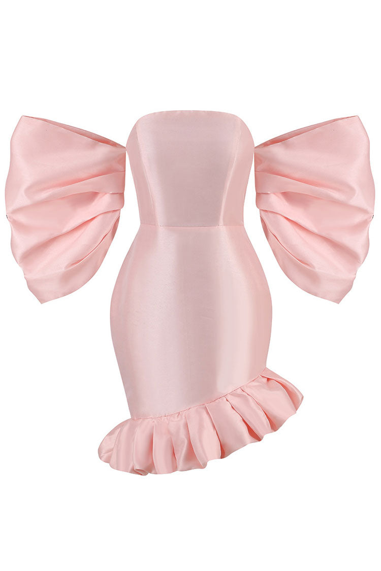 Silky Off The Shoulder Puff Sleeve Oversized Ruffle Satin Party Mini Dress - Pink