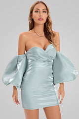 Silky Puff Sleeve Satin Off Shoulder Cocktail Mini Dress - Turquoise