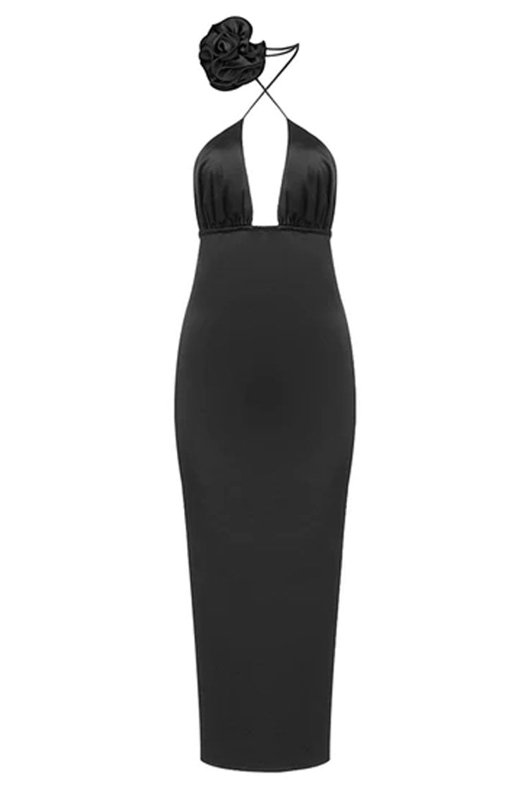 Silky Satin 3D Flower Plunging V Cocktail Party Midi Dress - Black