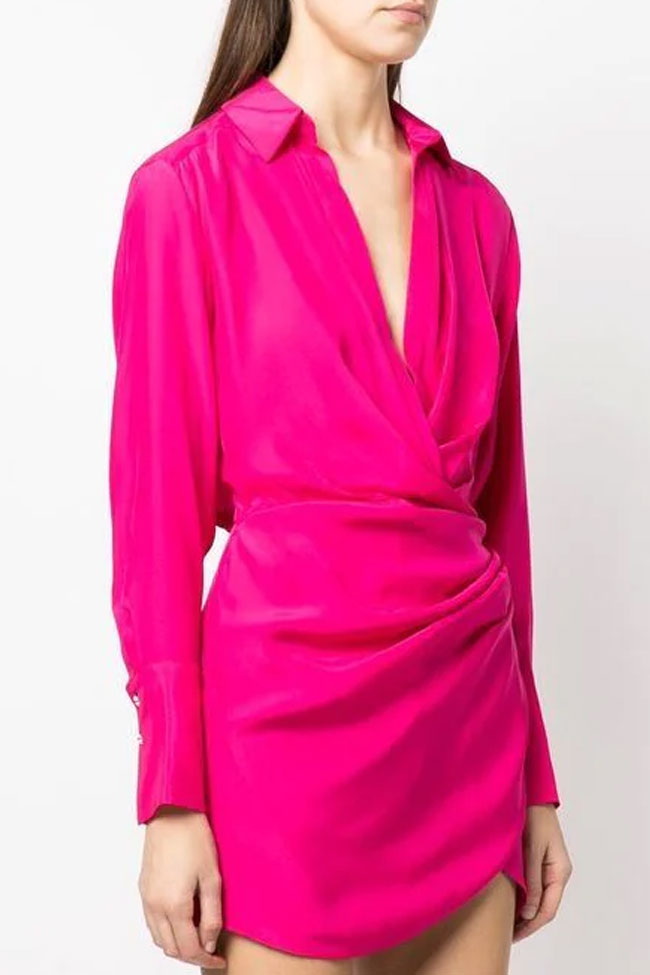 Silky Satin Collared V Neck Long Sleeve Draped Shirt Mini Dress - Hot Pink