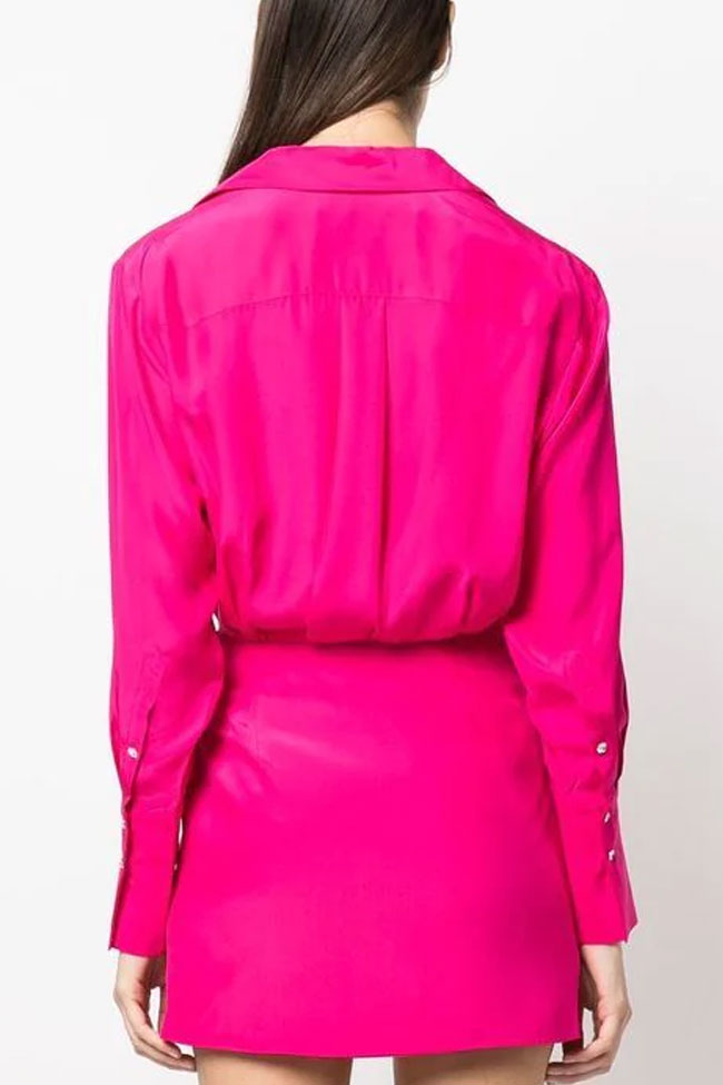 Silky Satin Collared V Neck Long Sleeve Draped Shirt Mini Dress - Hot Pink