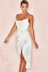 Silky Satin Cowl Neck High Slit Cocktail Party Midi Dress - White