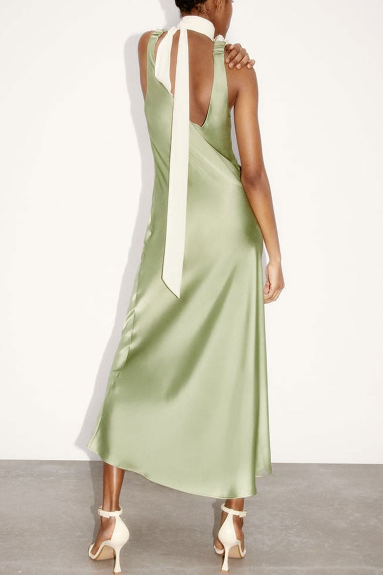 Silky Satin Deep V Ruched Suspender Strap Sleeveless Maxi Dress - Green