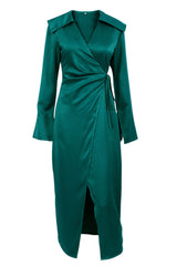 Silky Satin Long Sleeve Cocktail Party Wrap Maxi Dress - Emerald Green