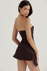 Silky Satin Pleated Trim Corset Strapless Party Mini Dress - Chocolate