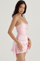 Silky Satin Pleated Trim Corset Strapless Party Mini Dress - Pink