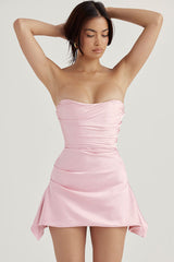 Silky Satin Pleated Trim Corset Strapless Party Mini Dress - Pink