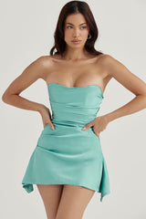 Silky Satin Pleated Trim Corset Strapless Party Mini Dress - Turquoise