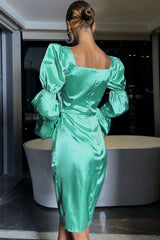 Silky Satin Puff Sleeve High Slit Cocktail Party Midi Dress - Teal