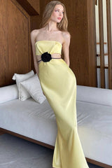 Silky Satin Rosette Trim Cutout Strapless Summer Prom Maxi Dress - Yellow