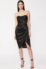 Silky Satin Ruched Corset Strapless Split Cocktail Party Midi Dress - Black