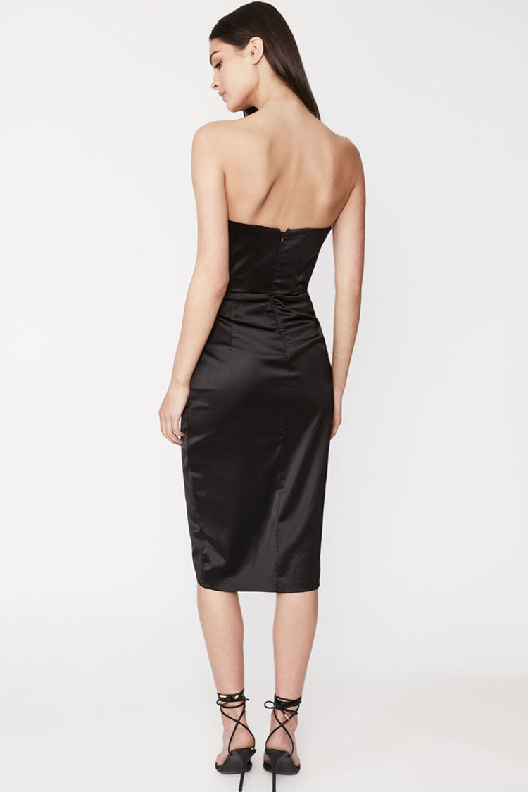 Silky Satin Ruched Corset Strapless Split Cocktail Party Midi Dress - Black