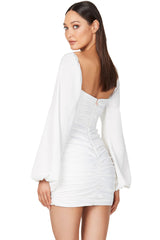 Silky Satin Square Neck Bishop Sleeve Ruched Party Mini Dress - White