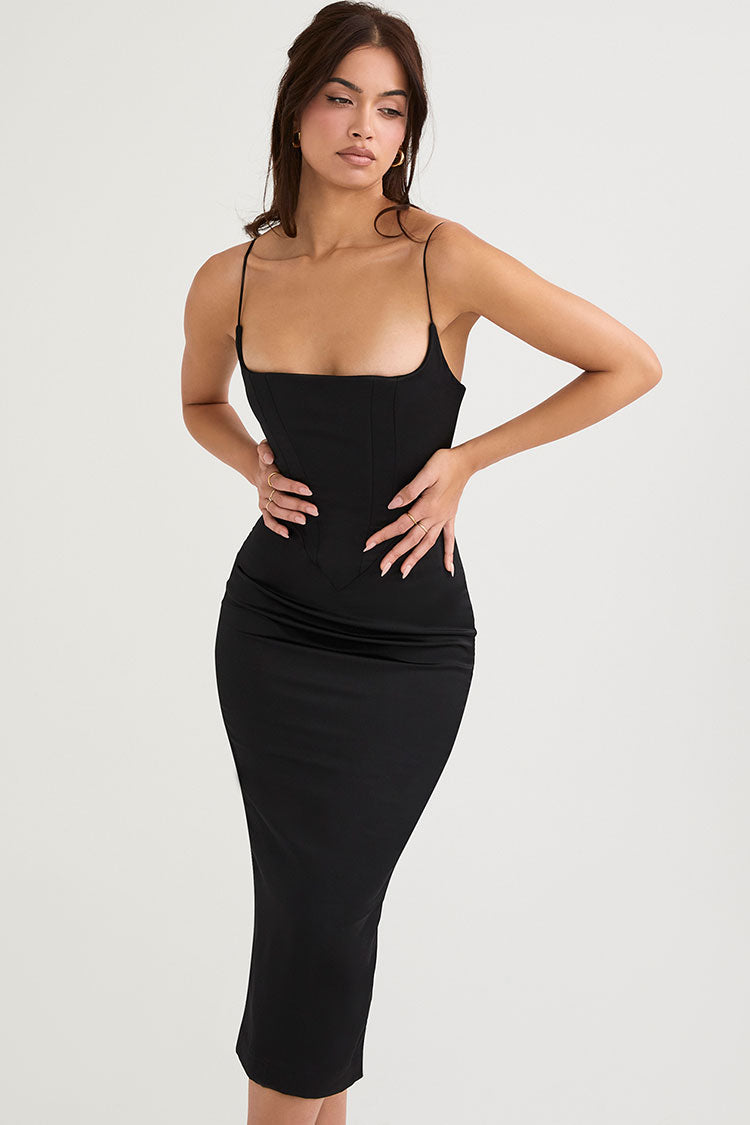 Silky Satin Square Neck Cami Slip Cocktail Party Midi Dress - Black