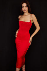 Silky Satin Square Neck Cami Slip Cocktail Party Midi Dress - Red