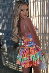 Silky Satin Summer Patchwork Ruffle V Neck Tiered Mini Sundress - Floral