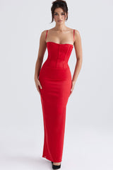 Silky Spaghetti Strap Sleeveless Corset Satin Evening Maxi Dress - Red