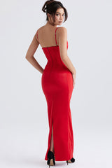 Silky Spaghetti Strap Sleeveless Corset Satin Evening Maxi Dress - Red