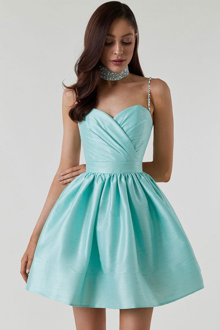 Silky Sweetheart Spaghetti Strap Pleated Satin Skater Mini Dress - Teal